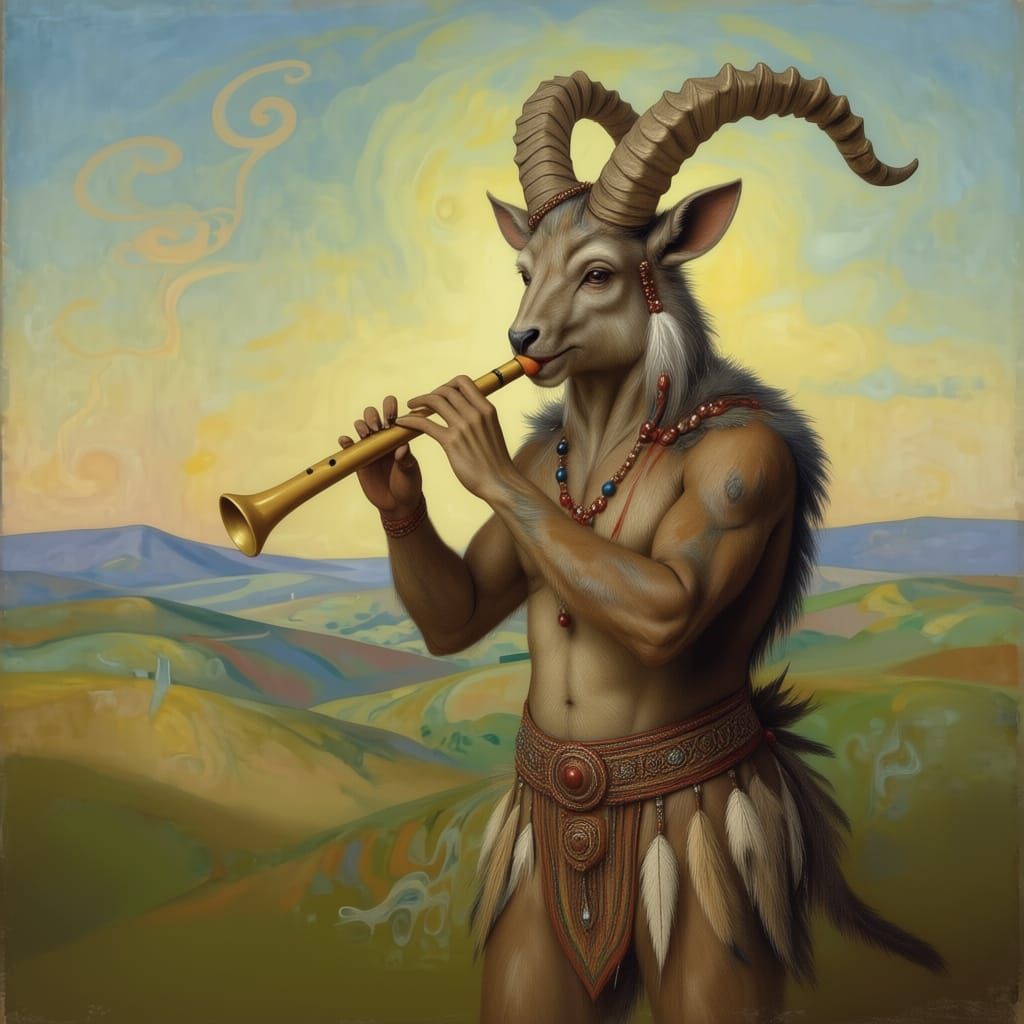 Old Satyr Plays Flute in Ethereal Italian Landscape
