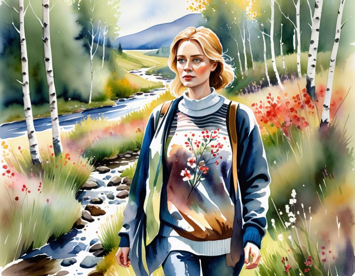 Watercolor Portrait of Woman in Summer Meadow