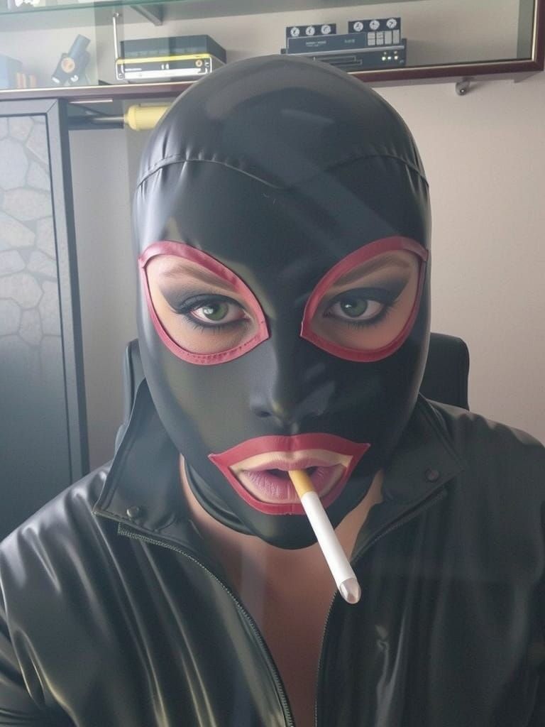 Woman in a Dark, Intricate Latex Corset with Heavy Eye Makeu...