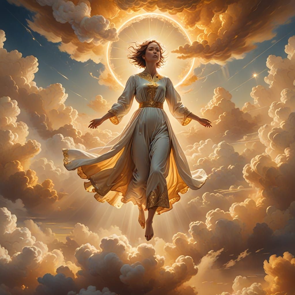 Ethereal Figure Levitates in Golden Clouds