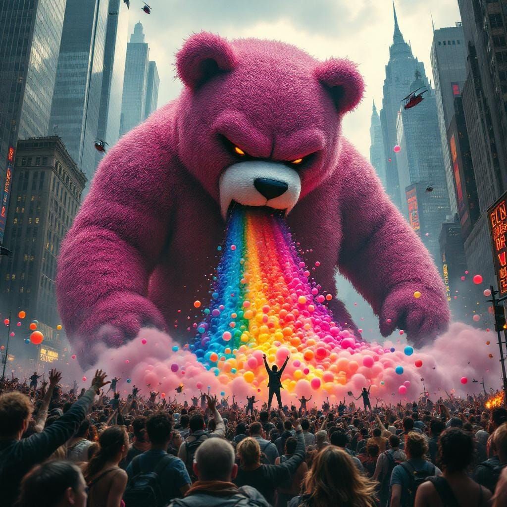 Giant Teddy Bear Rampage in Cinematic Film Style