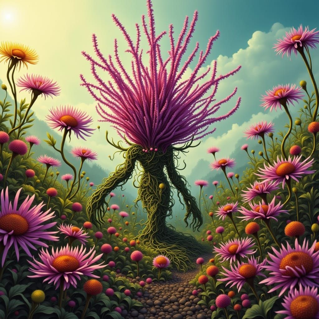 vibrant post-apocalyptic Spring, tendrils, with cyborg