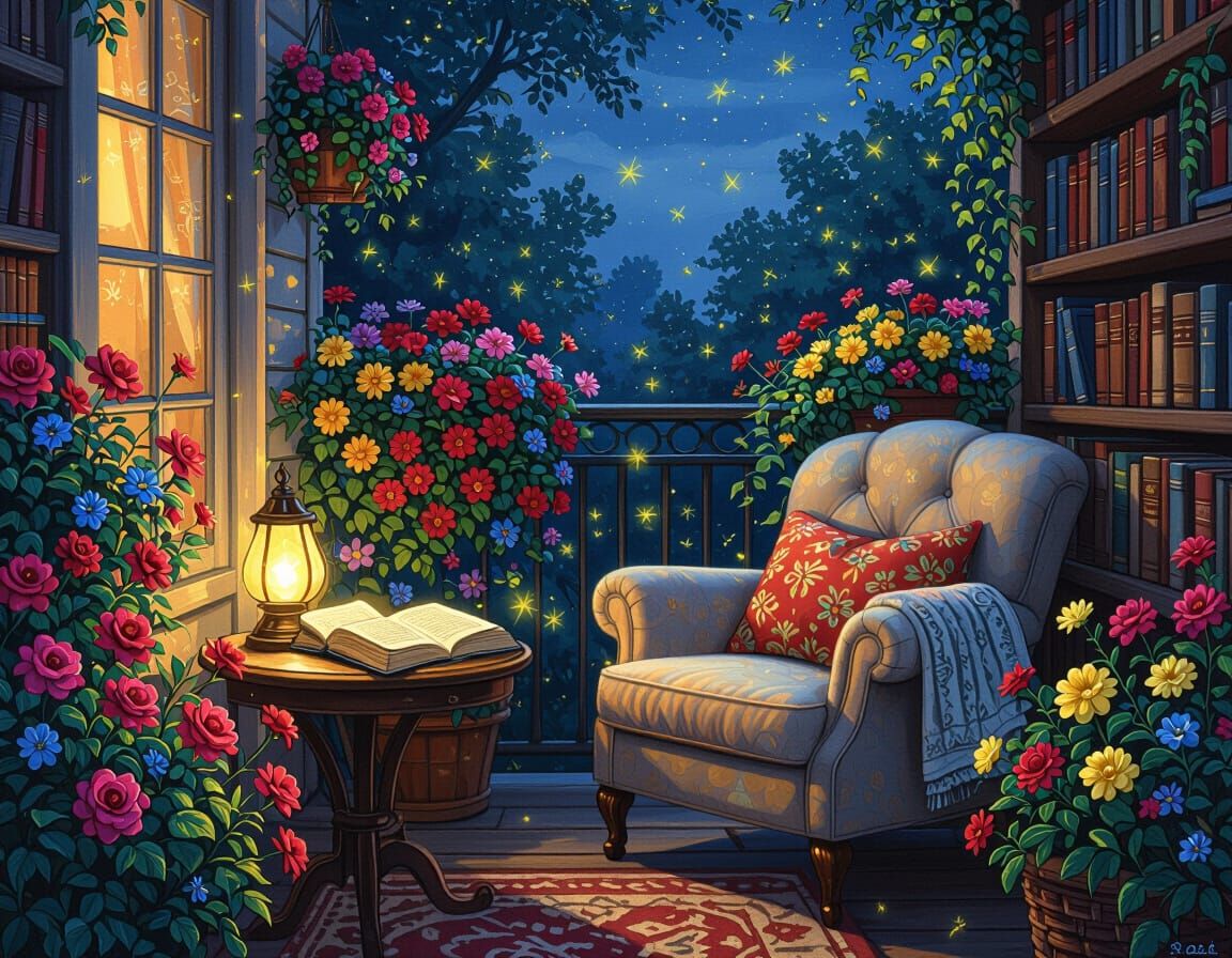 Cozy Balcony Scene with Books and Fireflies