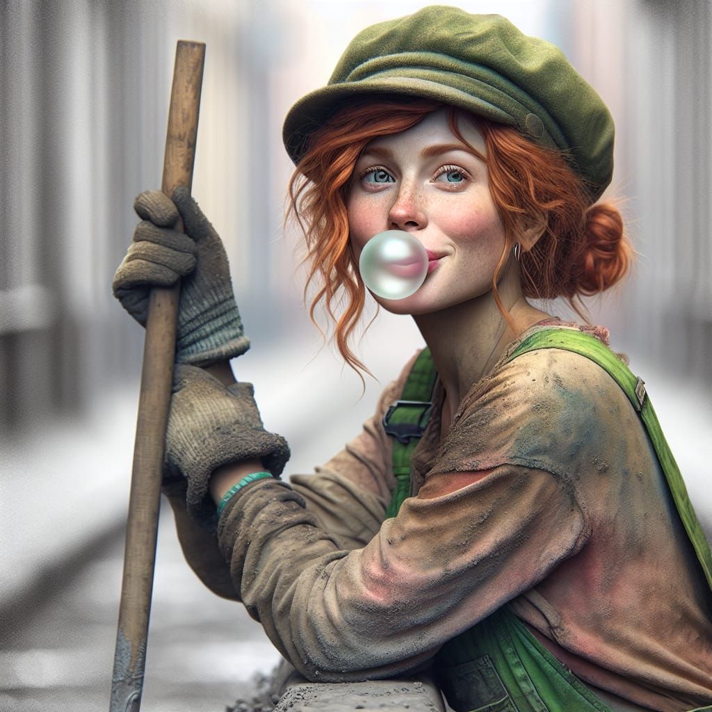 Quirky Redhead Street Worker in Green Overalls