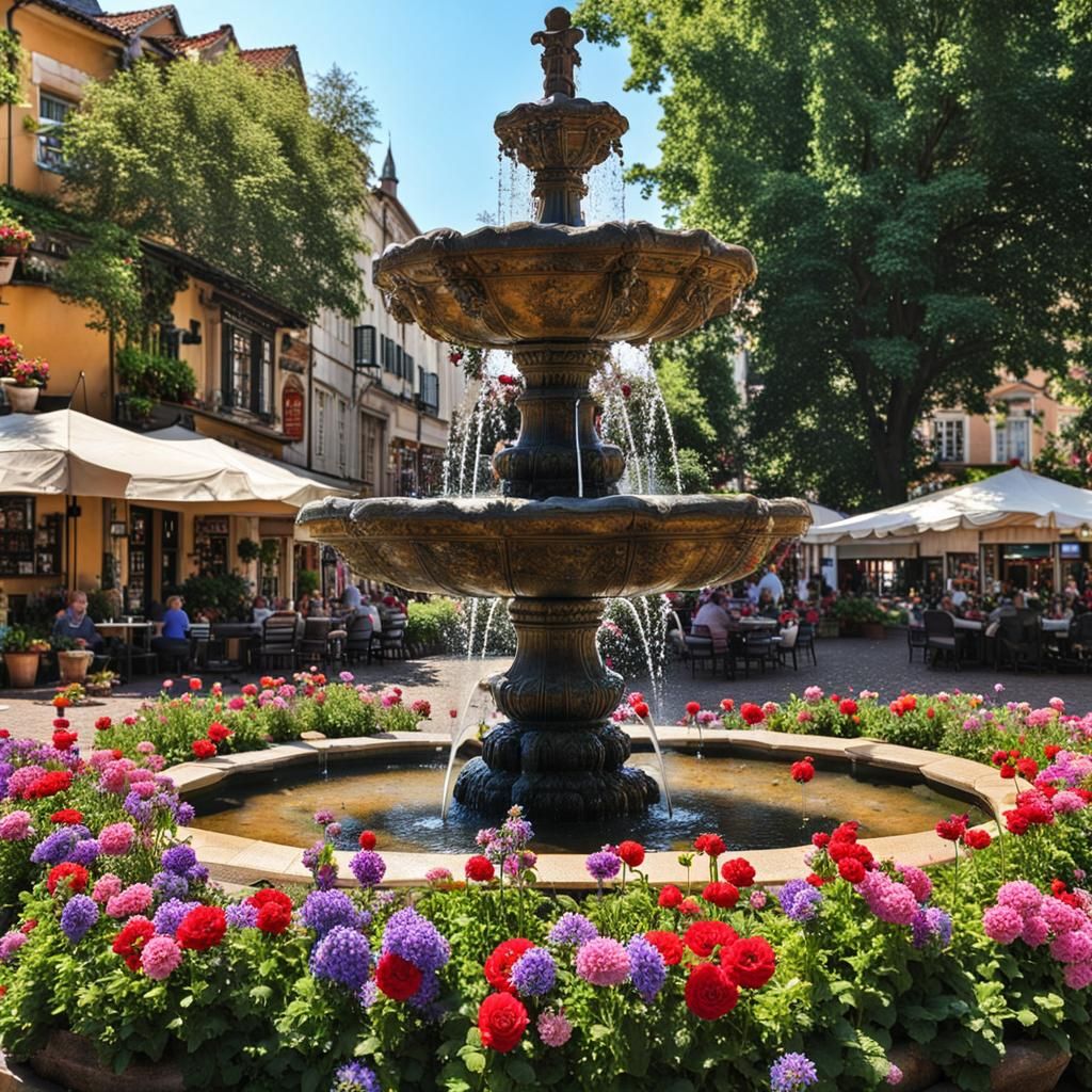 Charming Cafe with Fountain and Flower Garden