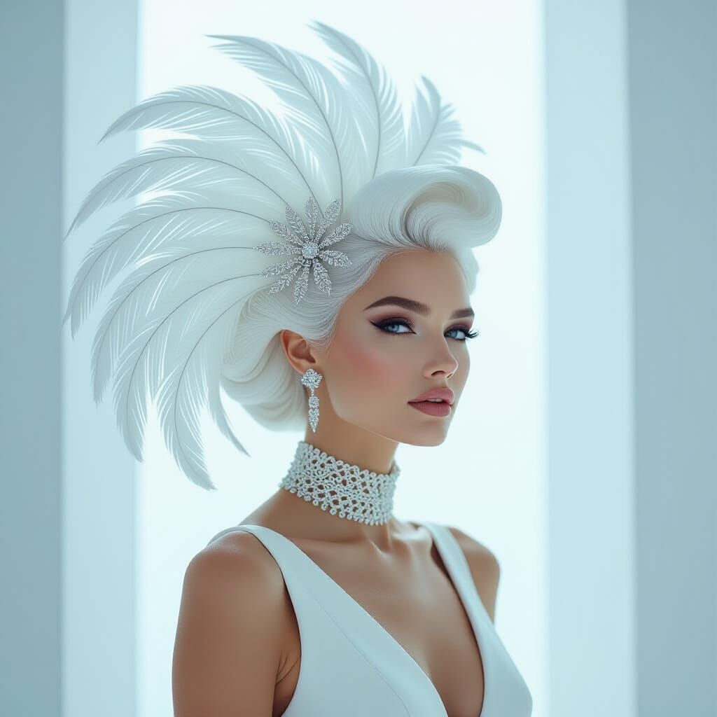 Regal Woman with Abstract Feather Hairstyle