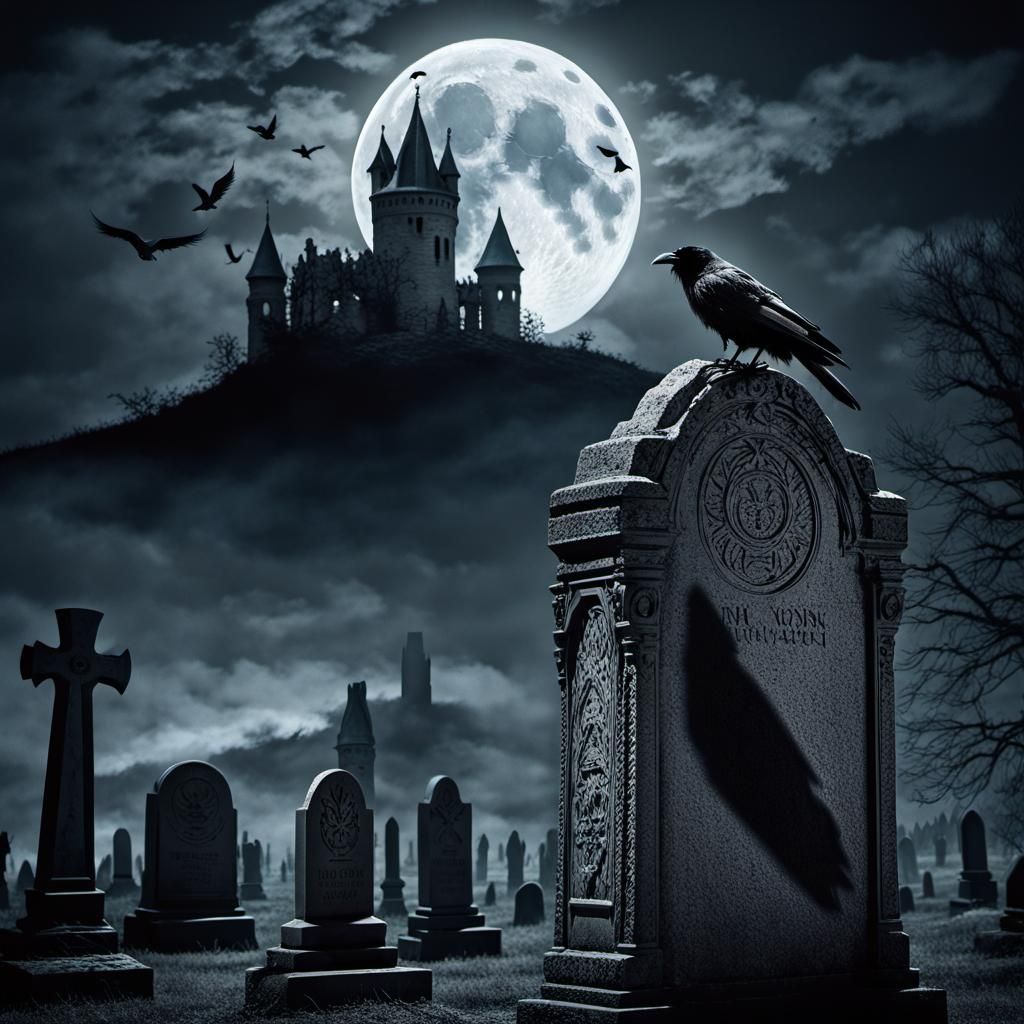 Raven Tombstone Horror Poster with Gothic Castle