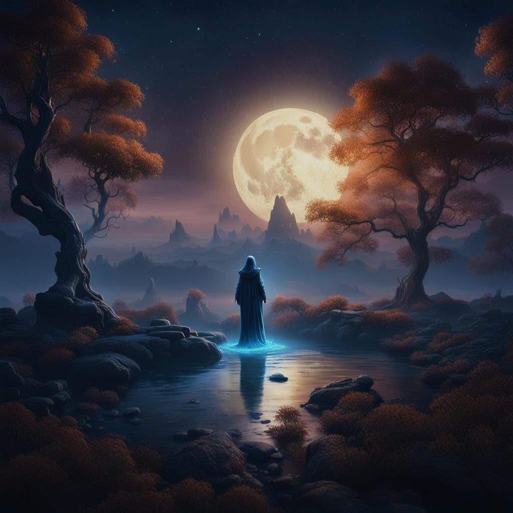 Ethereal Figure Floats Over Dreamy Moonlit Landscape