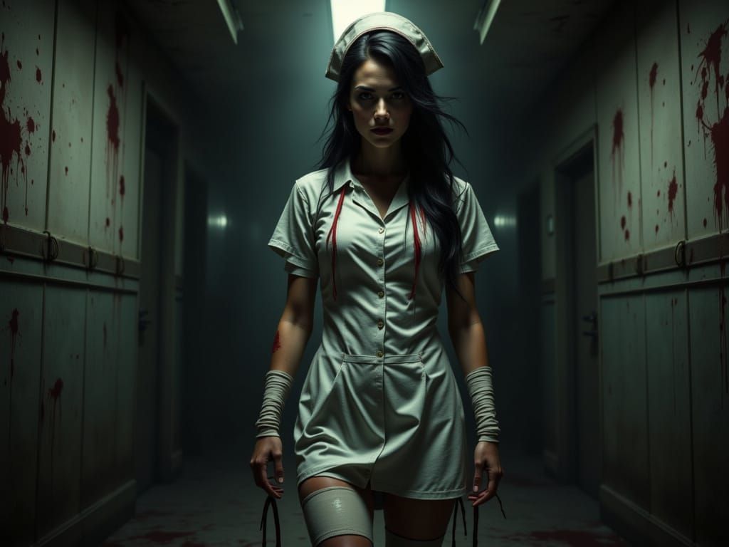 Horrifying Bandaged Nurse in Silent Hill Style