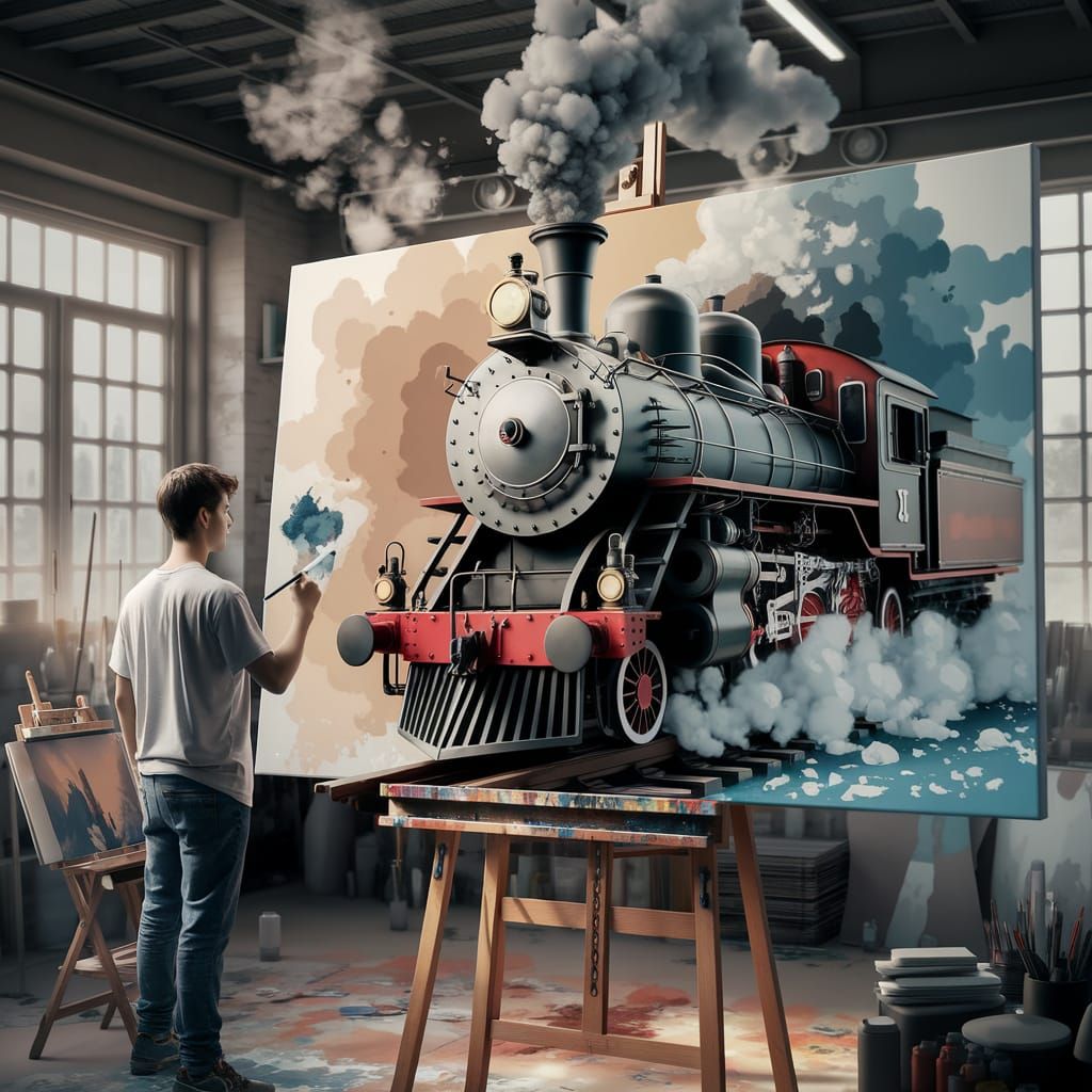 Young Artist's Steam Train Painting in Studio
