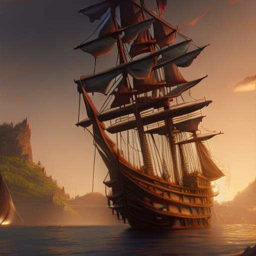 Pirate Ship in Cove: Hyper-Detailed Digital Illustration