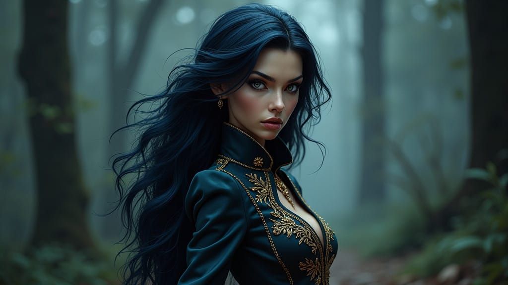 Regal Warrior in Dark Forest, Luxury Coat with Golden Embroi...