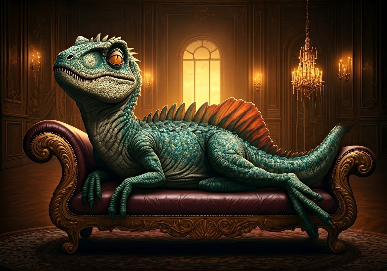Whimsical Velociraptor in Opulent Living Room