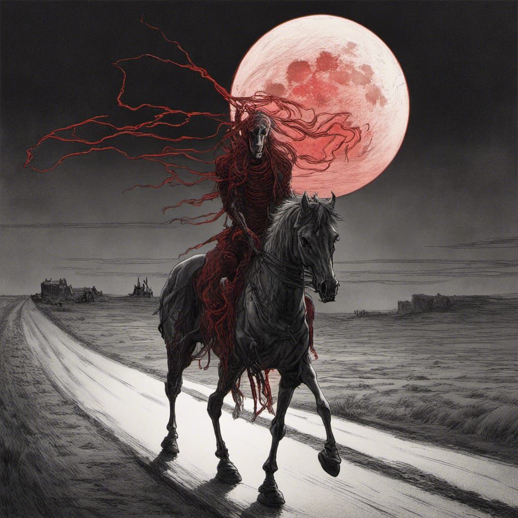 Ghost Rider on Neon Skeleton Horse Under Red Moon