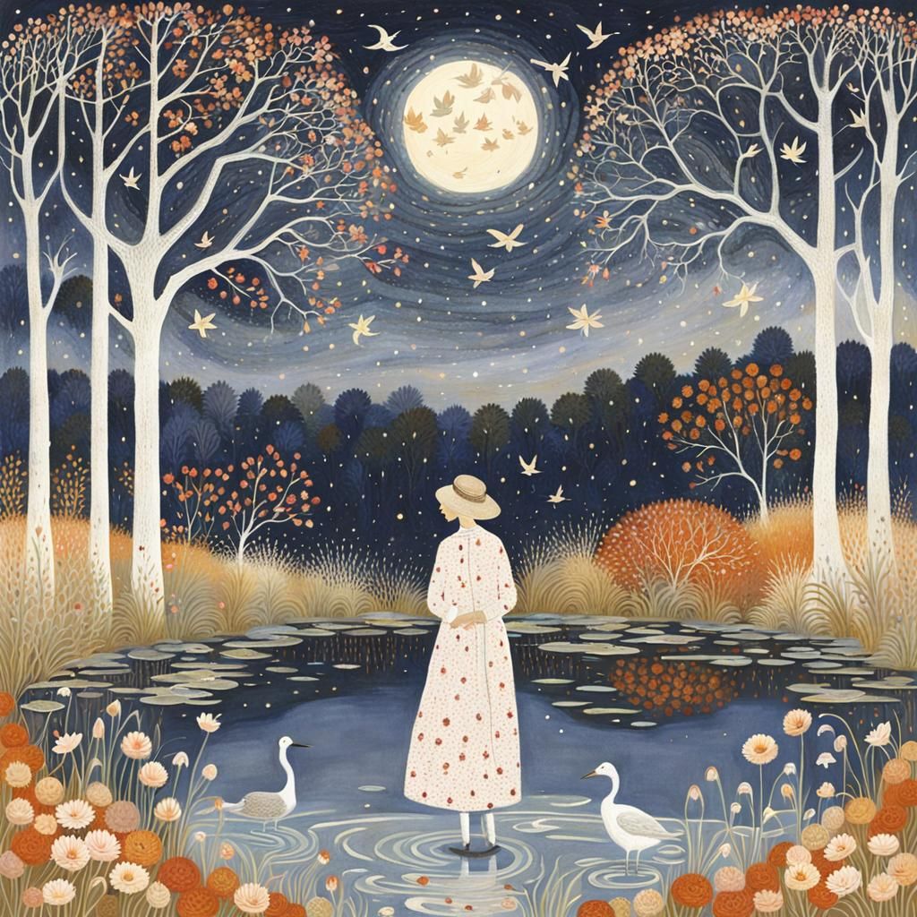 Art Nouveau Woman by Pond on Autumn Night