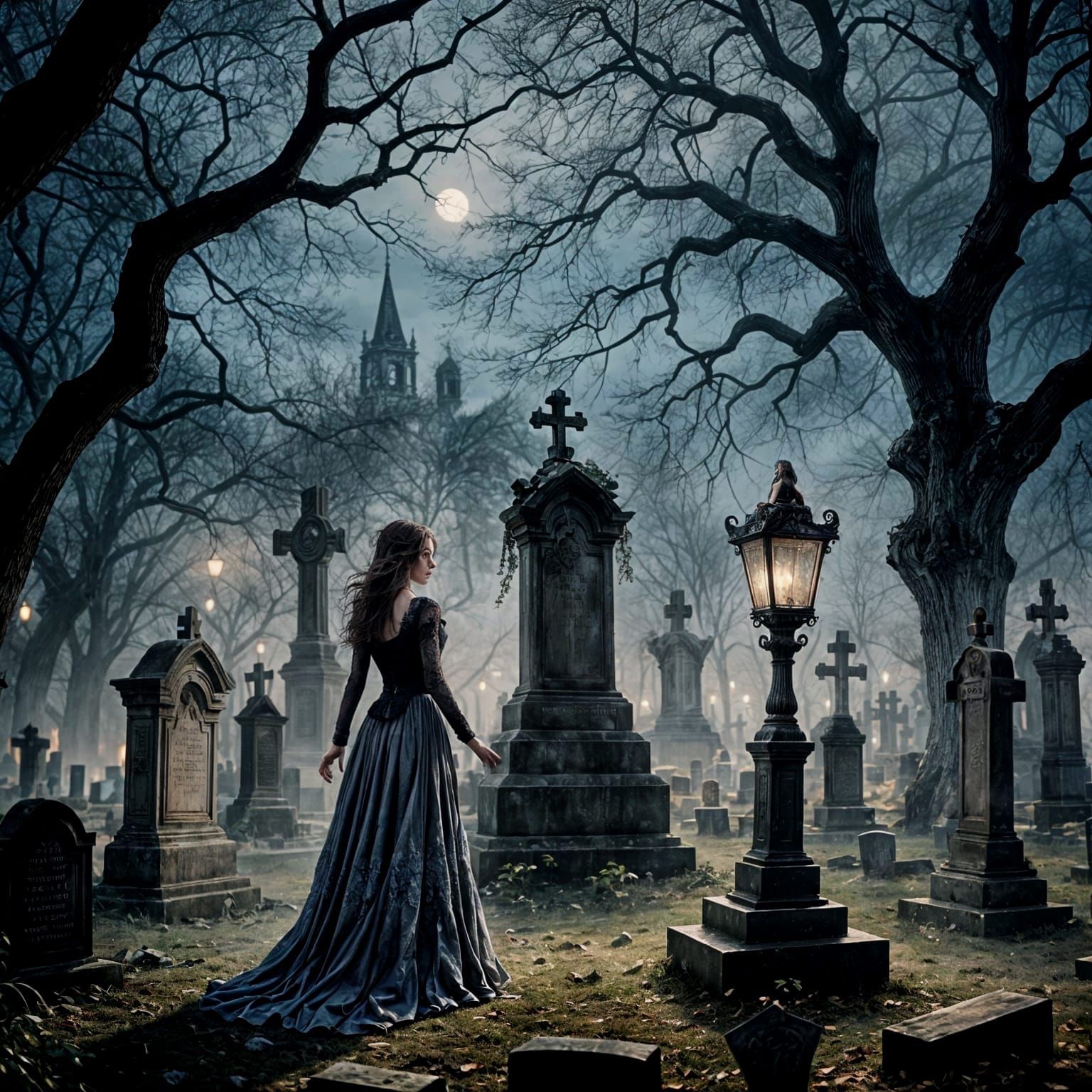 Eerie Woman Dancing in Graveyard with Wind