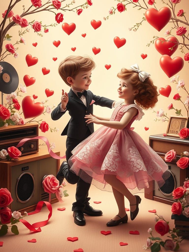 1950s Whimsical Valentine Scene with Vintage Music and Roman...