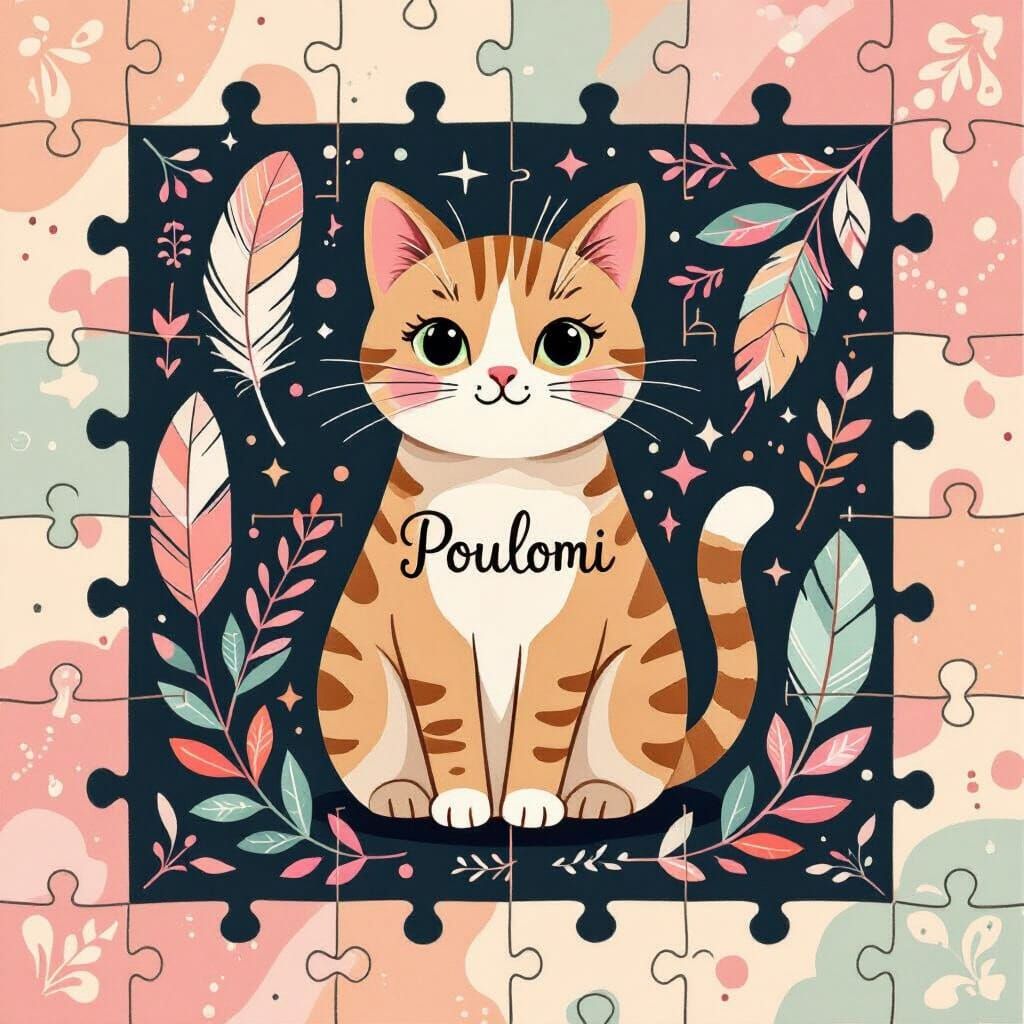 Cute Cat with 'Poulomi' in Neo-Boho Watercolor Style
