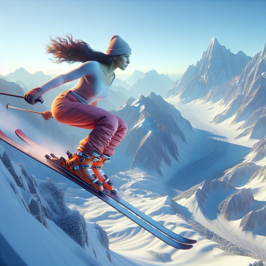 Majestic Hispanic Skier Descends Snowy Mountain