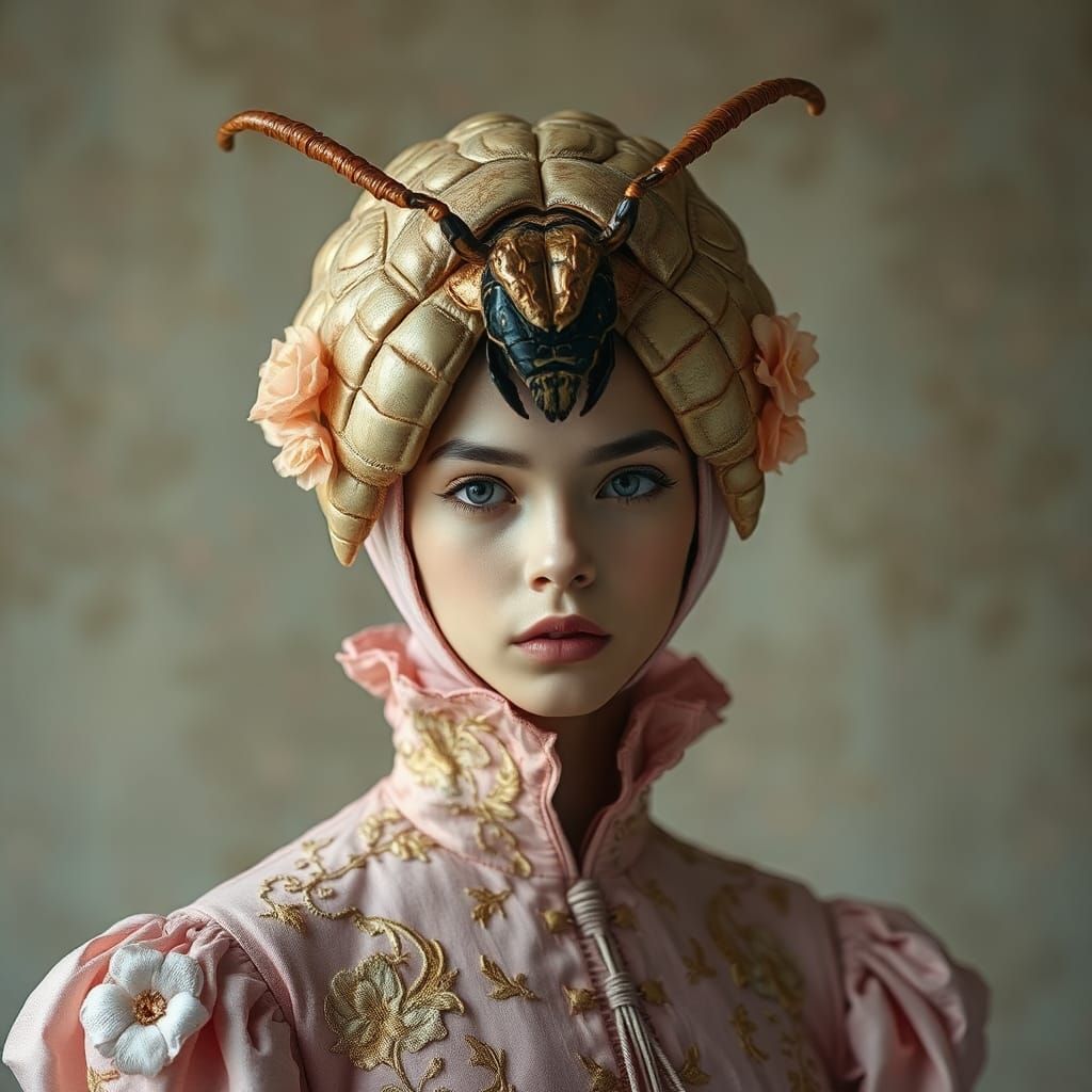 Avant-Garde Insect Headpiece with Floral Embroidery