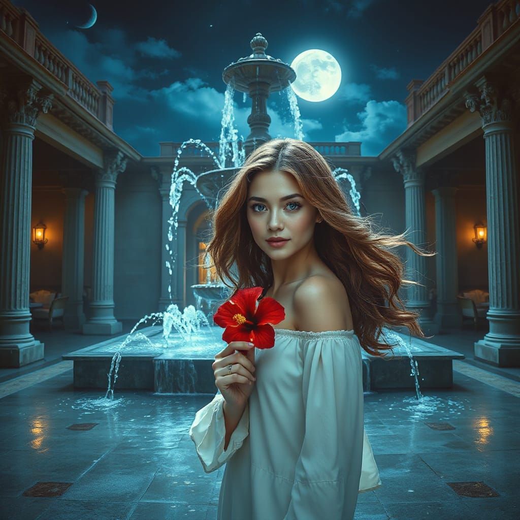 Woman with Hibiscus in Moonlit Courtyard, Hyperrealistic Sty...