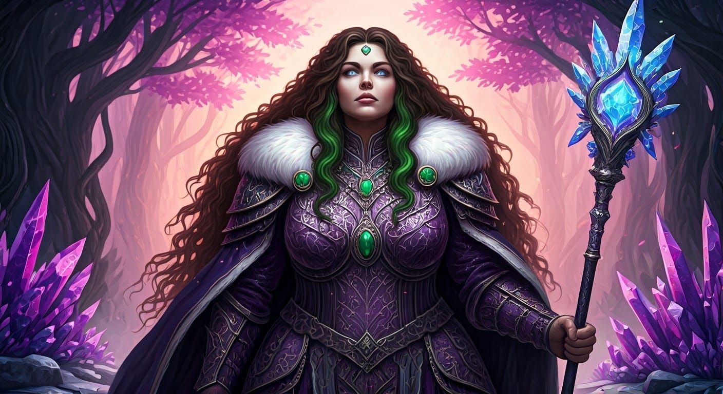 Armored Woman with Mystical Staff in Exotic Landscape