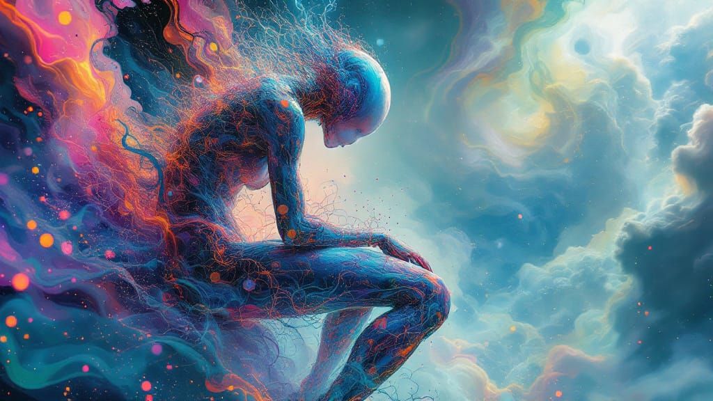 Iridescent Humanoid Figure in Surrealist Dreamscape