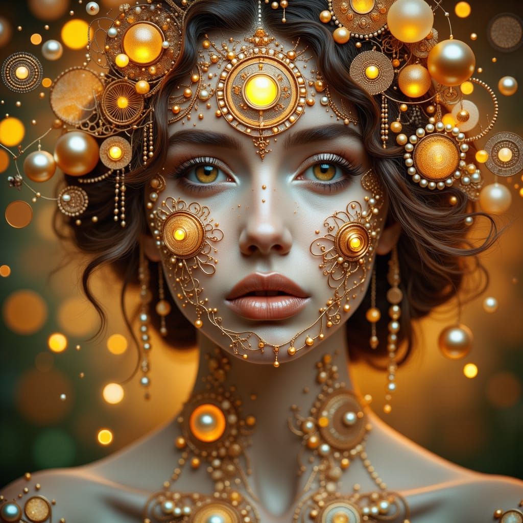 Pointillist Woman with Runes in Golden Light