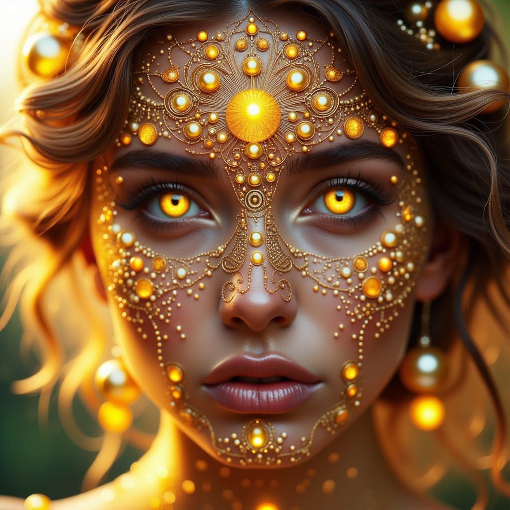 Pointillist Woman with Runes in Golden Light