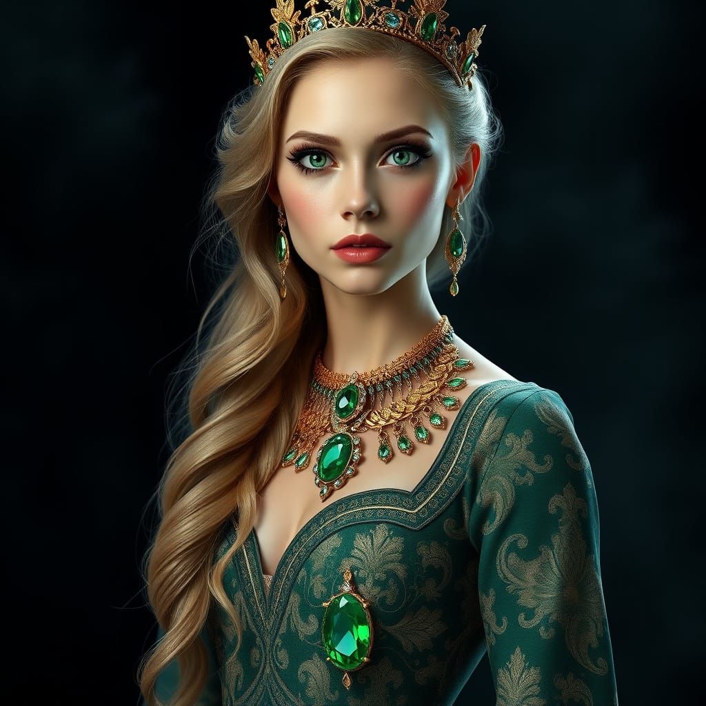 Ethereal Belgian Princess in Opulent Baroque Gown with Emera...