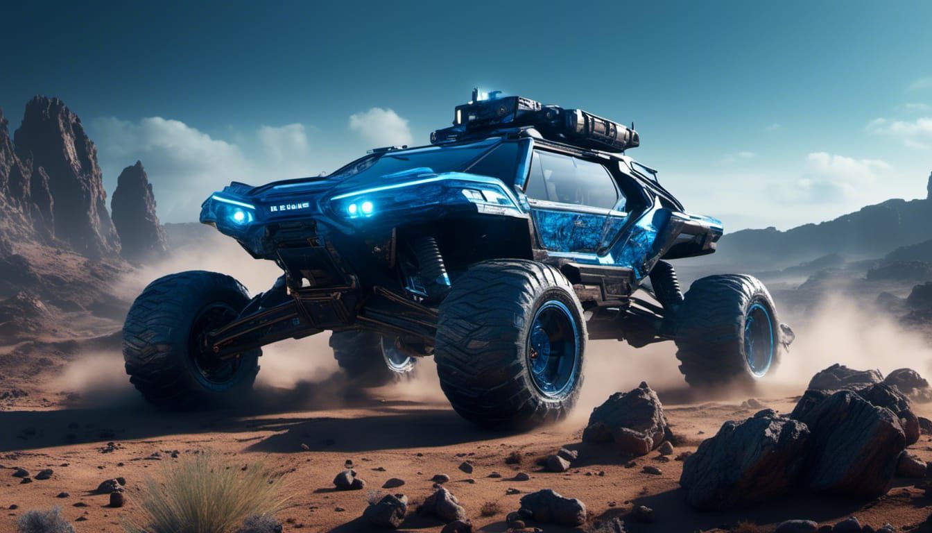 Sleek Sci-Fi Recon Rover Navigating Rugged Terrain