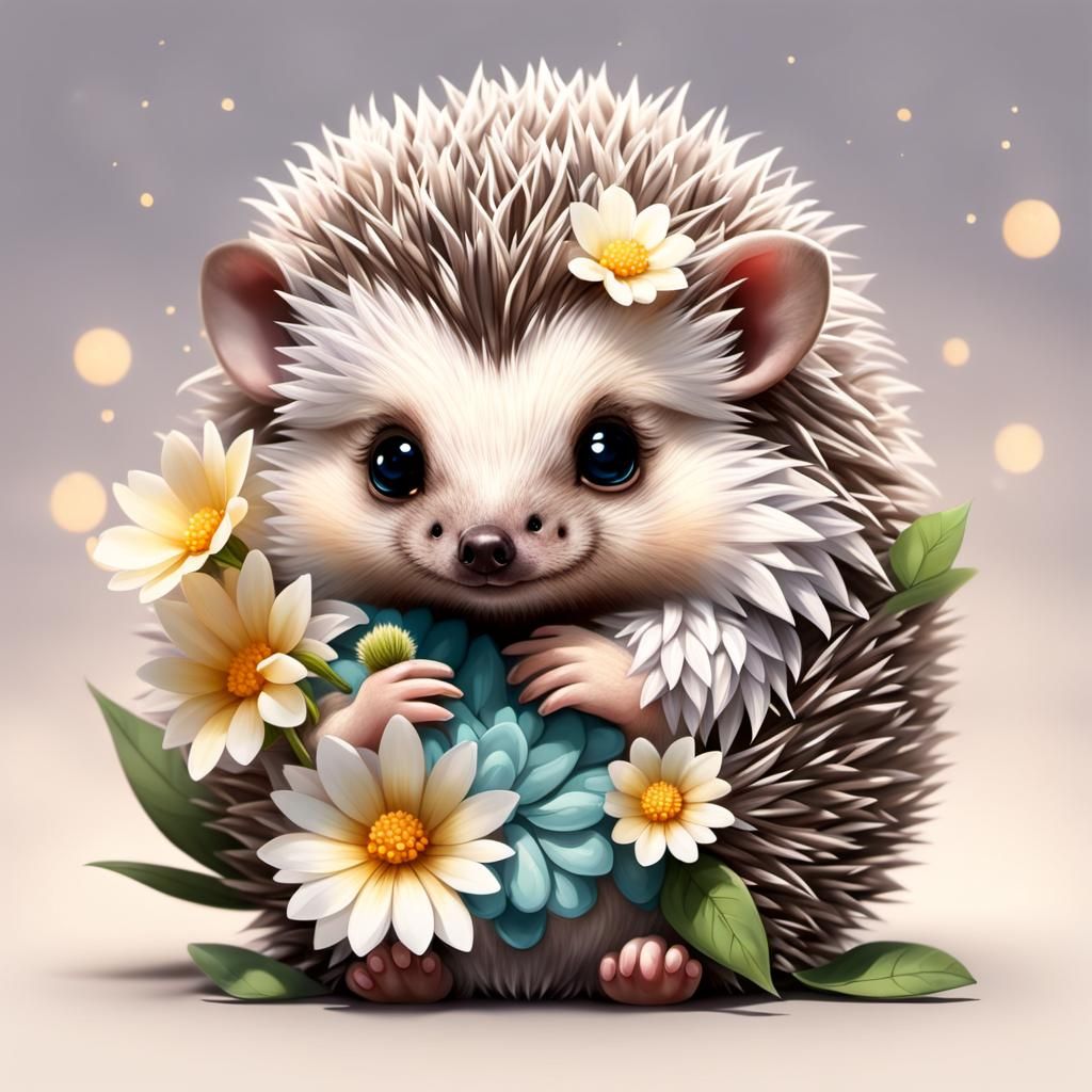 Cute Baby Hedgehog with Flower, Dreamcore Chibi