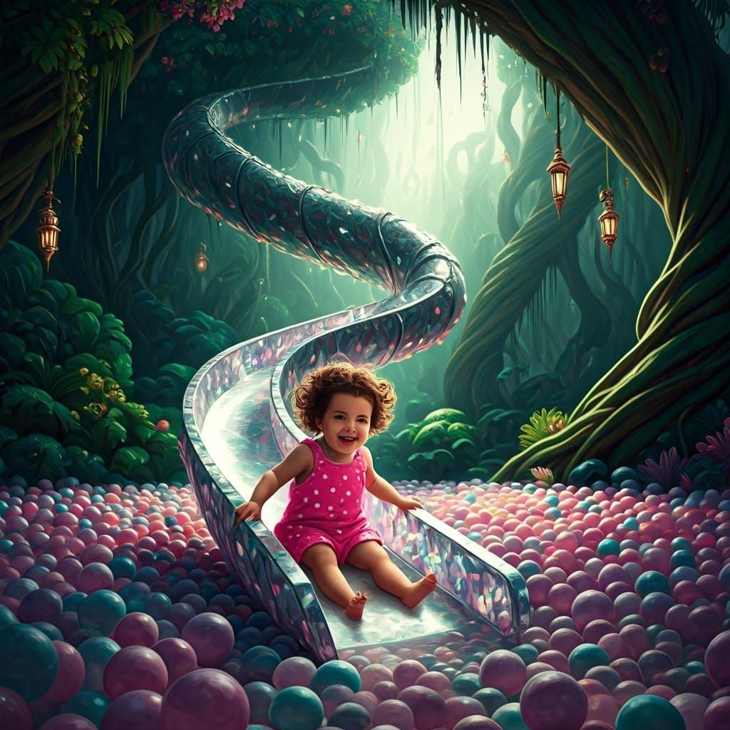 Vibrant Baby Girl Slides into Whimsical Ball Pool in a Fanta...