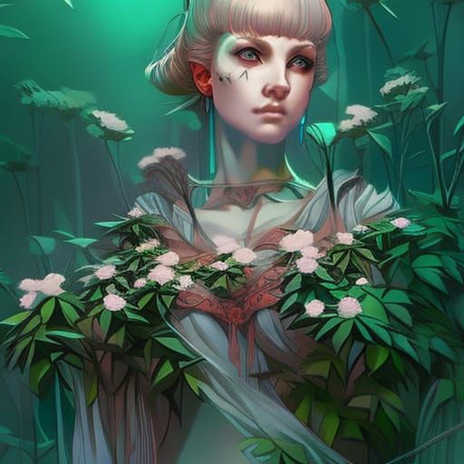 Woman in Tranquil Garden, Hyperrealistic Portrait