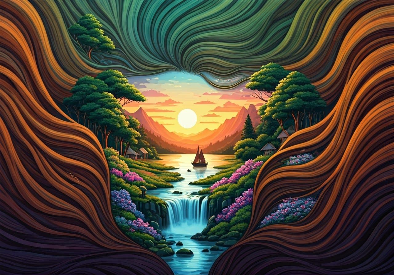 Dreamlike Valley Sunset in Art Brut Style