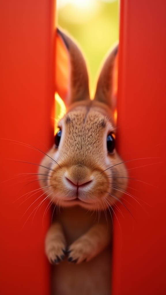 Curious Rabbit Peeks Through Red Surface: Dreamy Whimsical C...