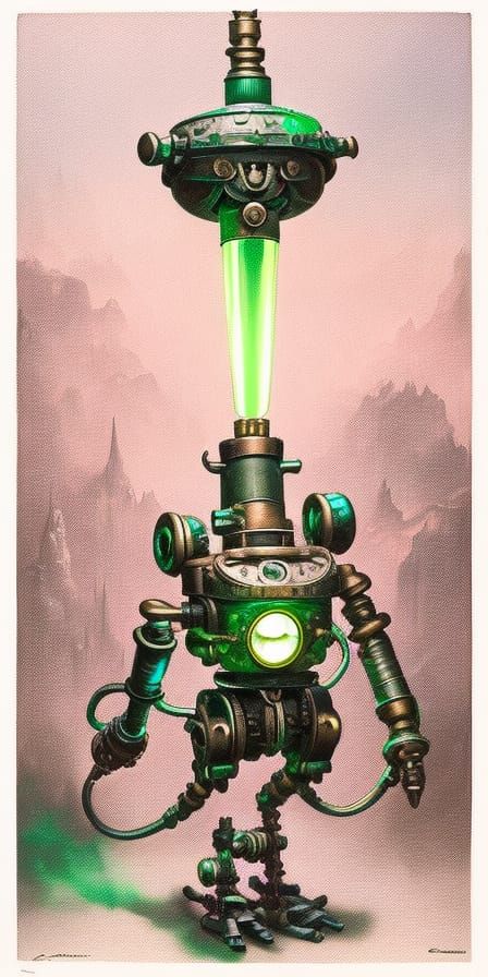 Steampunk Robot Warrior with Glowing Crystal Core