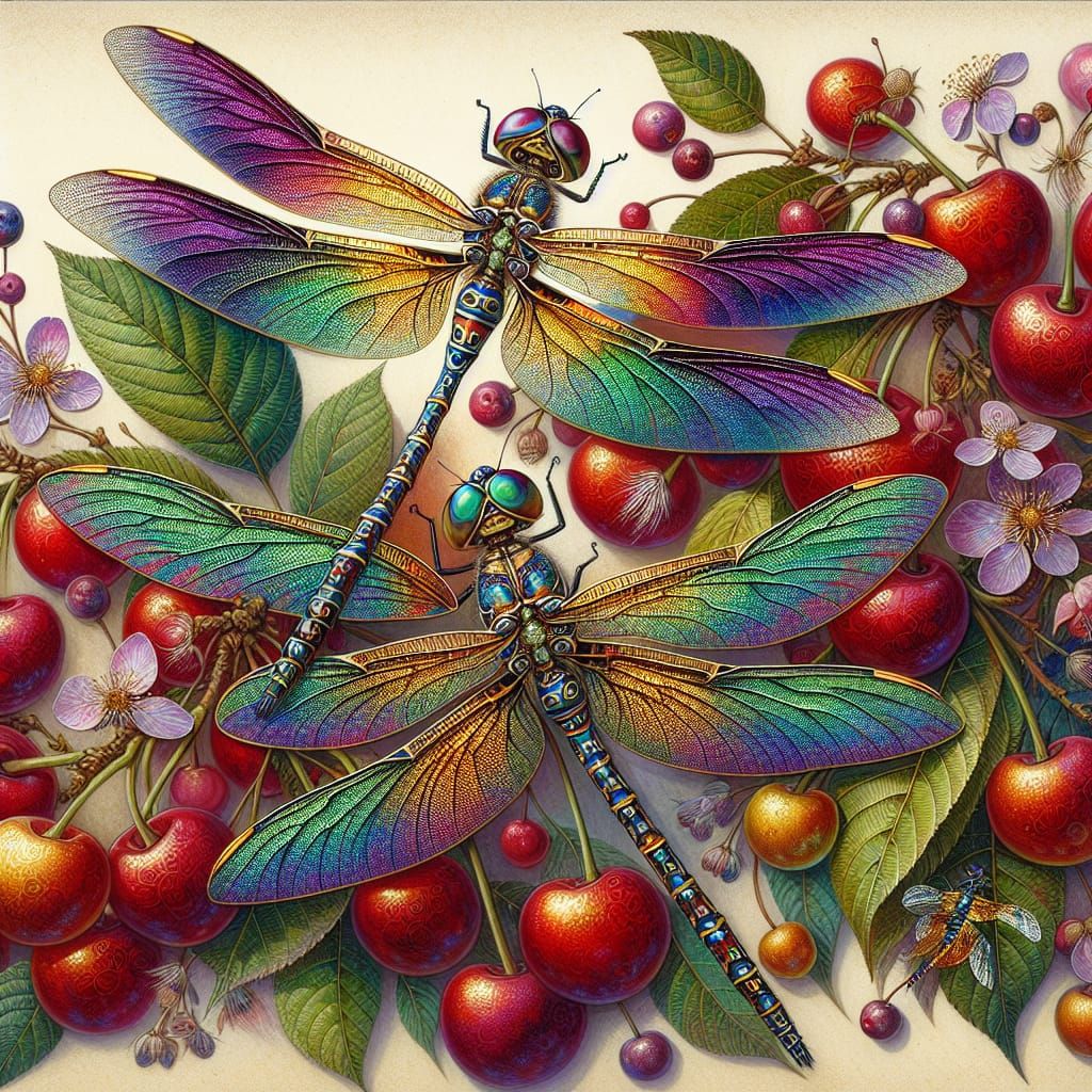 Golden Dragonflies and Cherries in Romantic Gouache