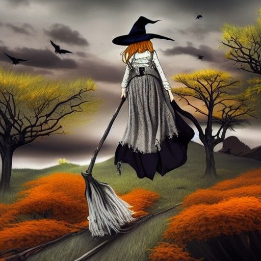 Ominous Witch on Broom in Dark Fantasy Land