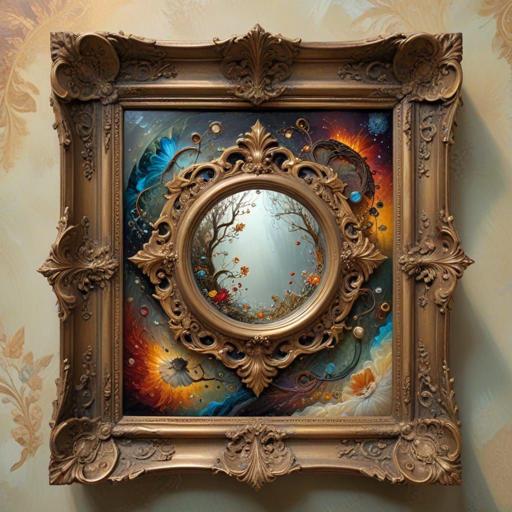 Upside-Down World Reflected in Antique Mirror in Whimsical O...