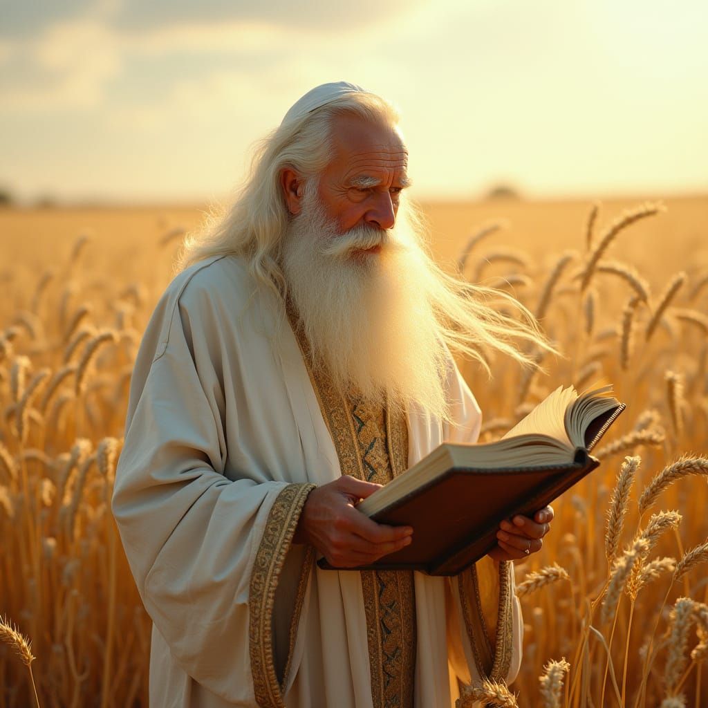 Ethereal Rabbi in Sun-Kissed Wheat Field, in Detailed Style
