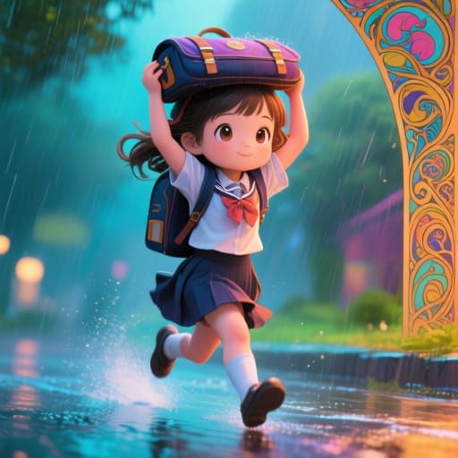 Cute Chibi Girl Running in Rainy Schoolyard