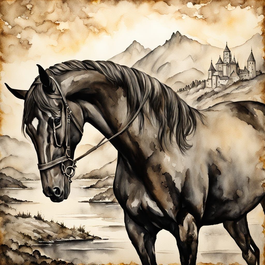 Renaissance-Style Woman and Horse in Monochrome