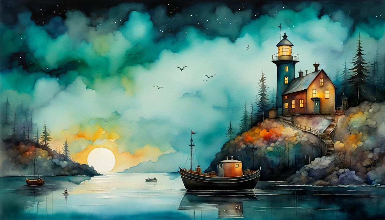 Ghost Ship by Lighthouse: Watercolor Matte Painting