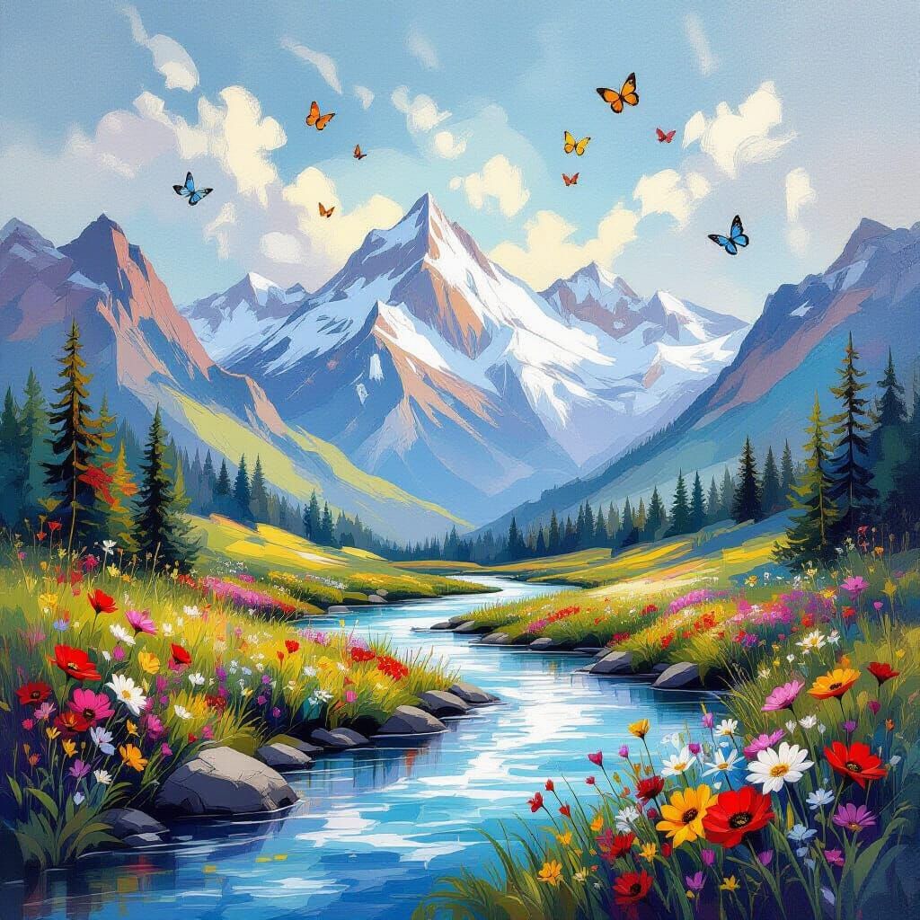Mountain Range with River and Wildflowers in Abstract