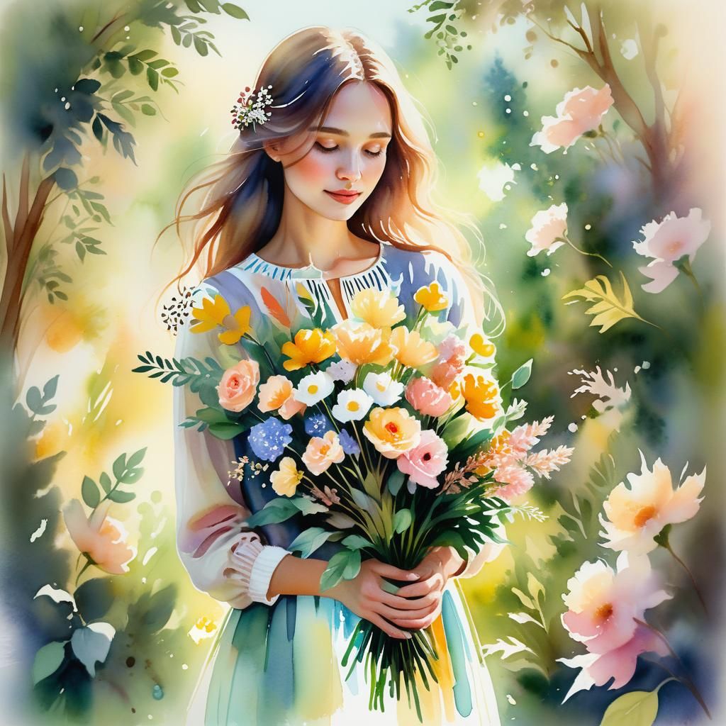 Woman with Flowers in Watercolor Garden