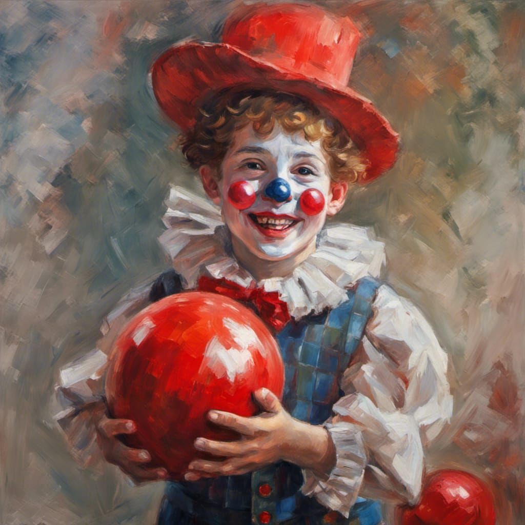 Clown Boy with Red Ball, Impressionist Painting