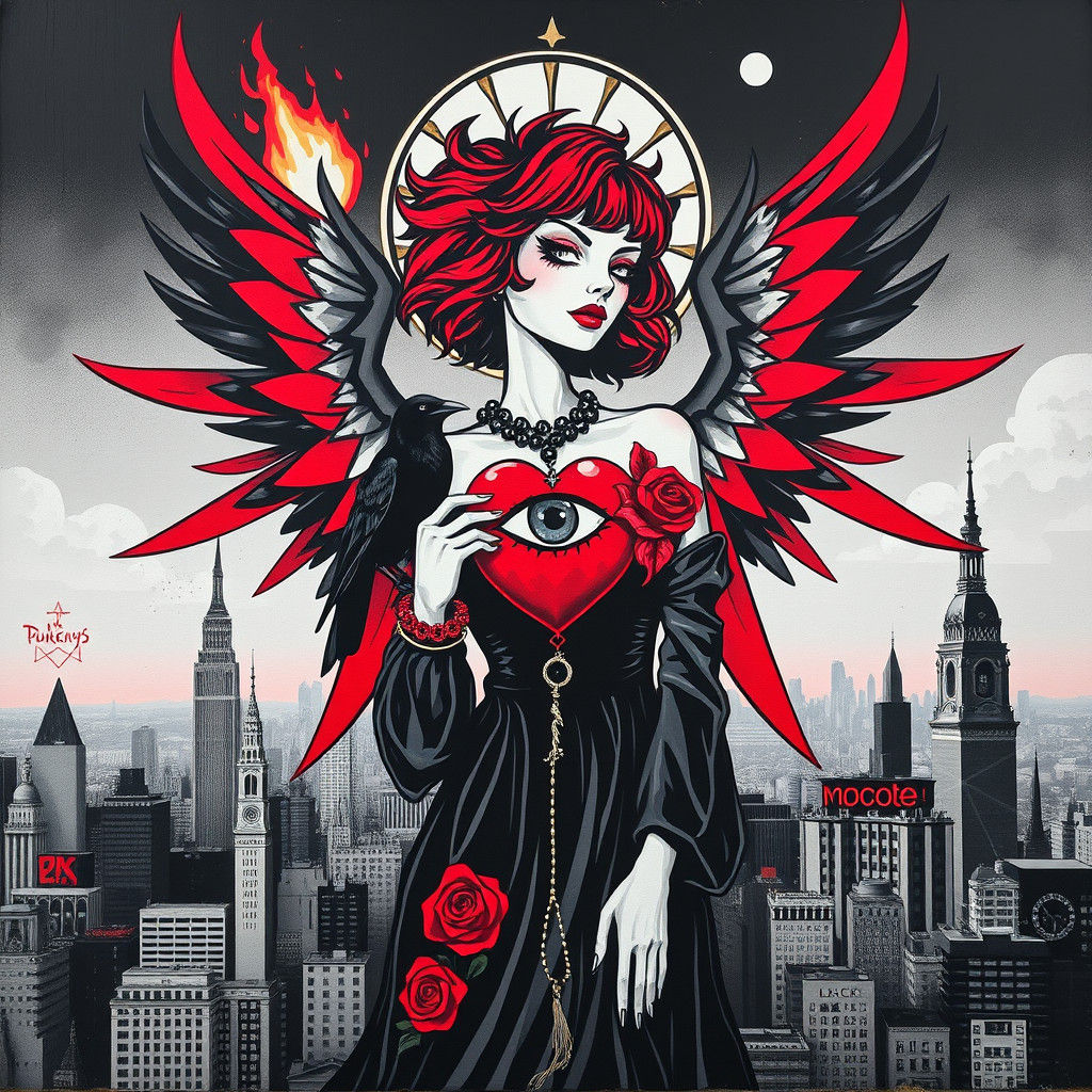 Punk Faith: Goth Woman in Surreal Cityscape Mural