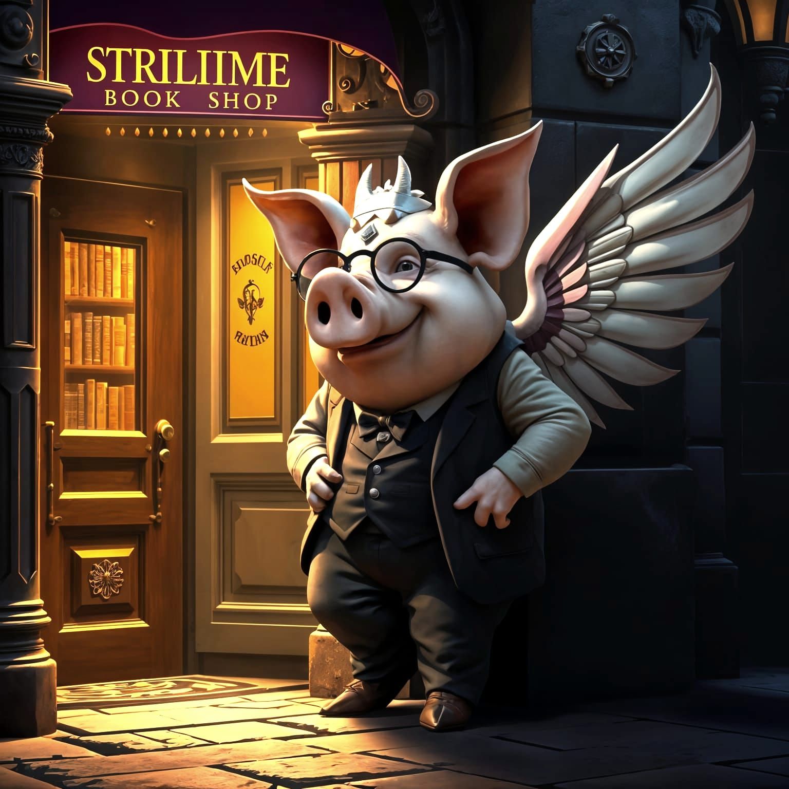 Winged Pig by Bookshop in Dark Fantasy Style