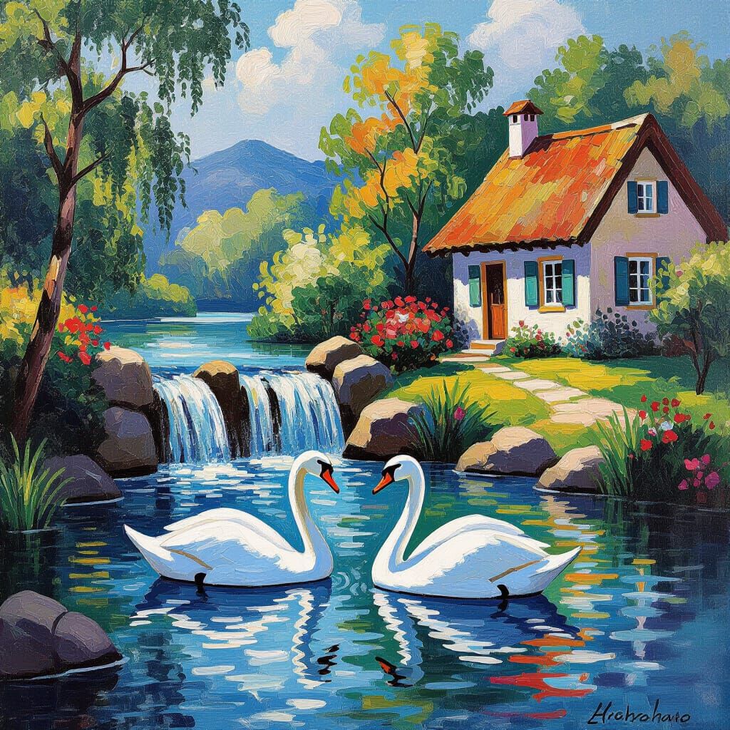 Majestic Swans at Waterfall in Impressionist Style